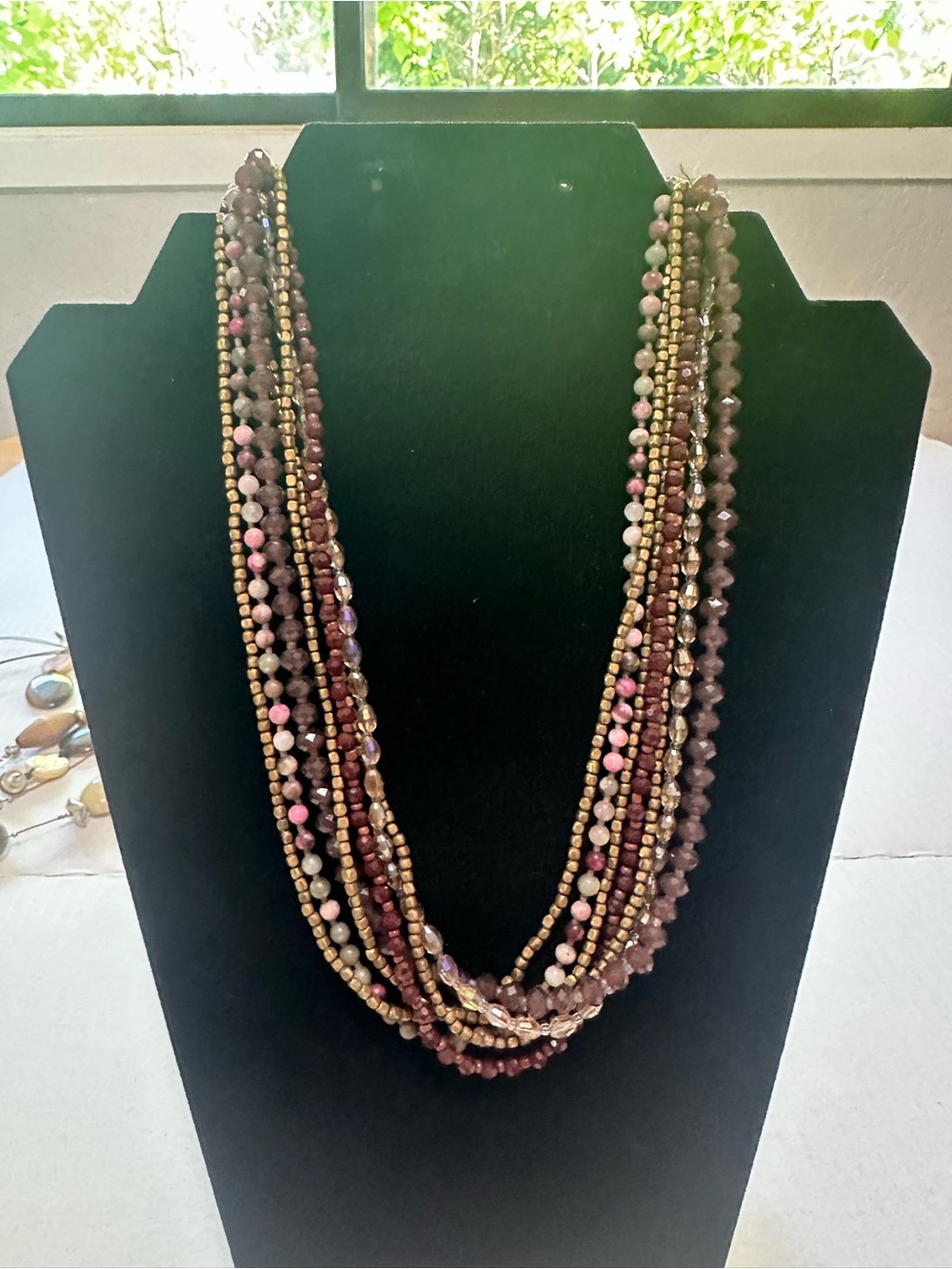Multi-Strand Pink , God and Lavender Beaded Necklace